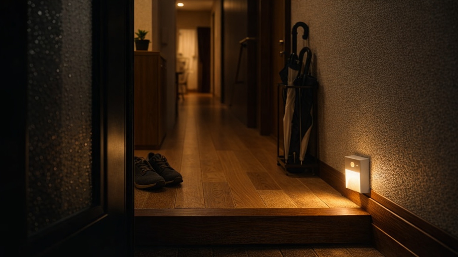 夜の玄関に設置した常時点灯ライト。外から見た室内の足元照明と段差の様子
