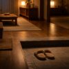 薄暗い室内で足元をやさしく照らす照明と、暮らしの中の静かな一場面