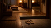 薄暗い室内で足元をやさしく照らす照明と、暮らしの中の静かな一場面