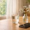 春の柔らかな日差しが差し込む明るい室内で、木のテーブルに置かれた水入りのグラスとスマートフォン。季節の変わり目（花粉症の時期）を穏やかに過ごすための、わが家の春の風景。