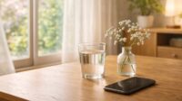 春の柔らかな日差しが差し込む明るい室内で、木のテーブルに置かれた水入りのグラスとスマートフォン。季節の変わり目（花粉症の時期）を穏やかに過ごすための、わが家の春の風景。