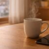 冬の柔らかな朝日が差し込むリビングで、湯気が立つ白いマグカップとスマートフォンが木のテーブルに置かれている様子。冬の体調管理や穏やかな暮らしをイメージした一枚。