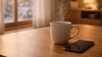 冬の柔らかな朝日が差し込むリビングで、湯気が立つ白いマグカップとスマートフォンが木のテーブルに置かれている様子。冬の体調管理や穏やかな暮らしをイメージした一枚。