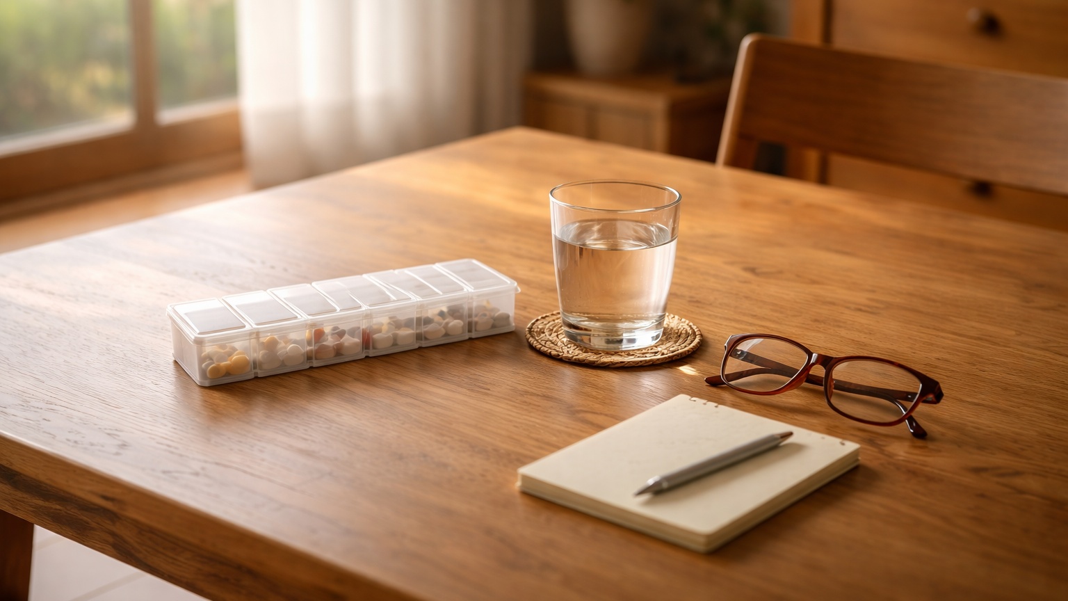 薬ケースと水の入ったコップが置かれた、日常の中で薬を飲む時間をイメージした室内の様子
