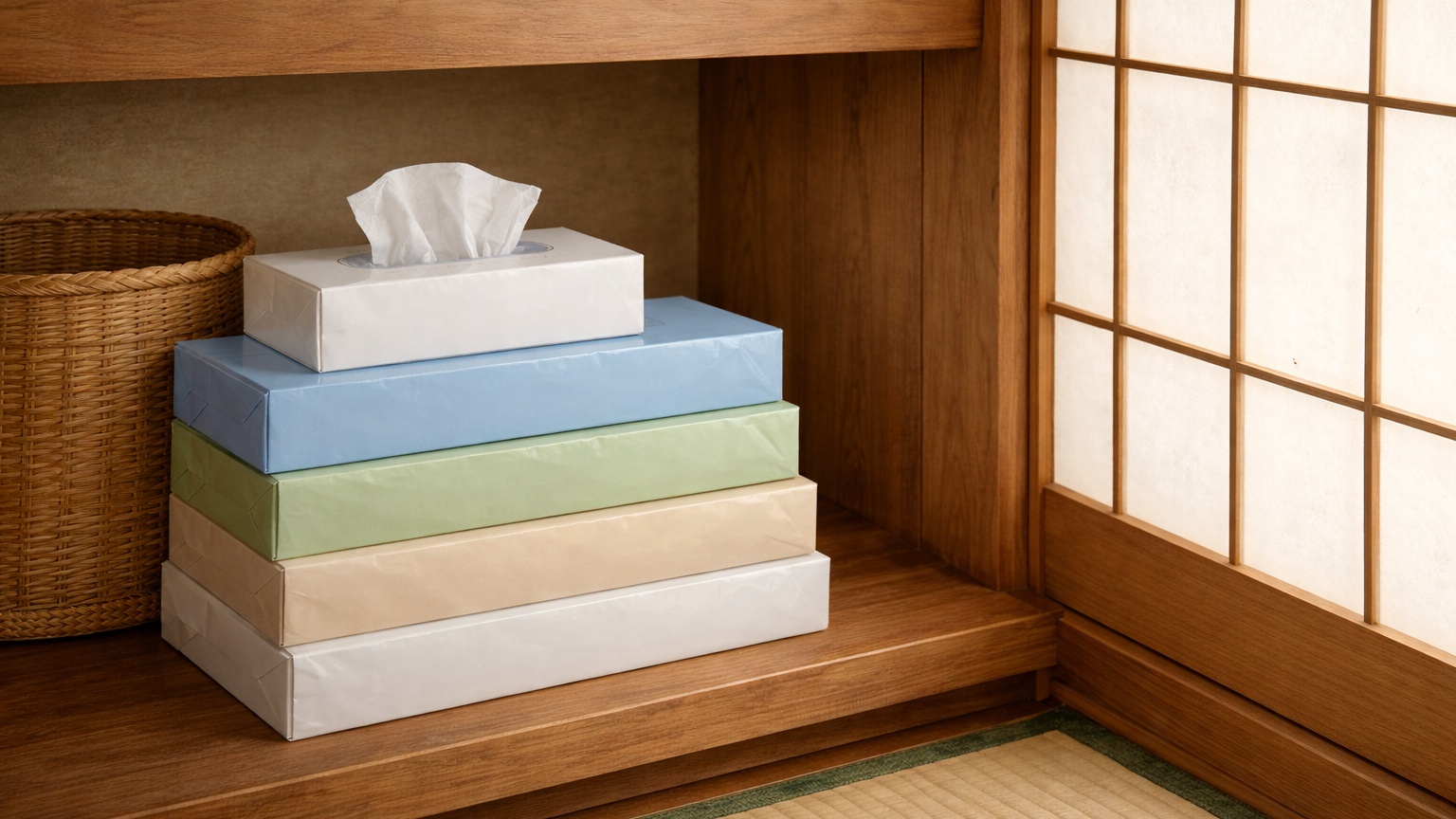 木製の棚に置かれた複数のティッシュペーパー。使いかけと未使用の箱が並び、切らさず安心して暮らせる日常の風景。
