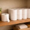 棚に置かれた倍巻きのトイレットペーパー。使いかけと未使用のロールが並び、切らさず安心して使える日常の風景。