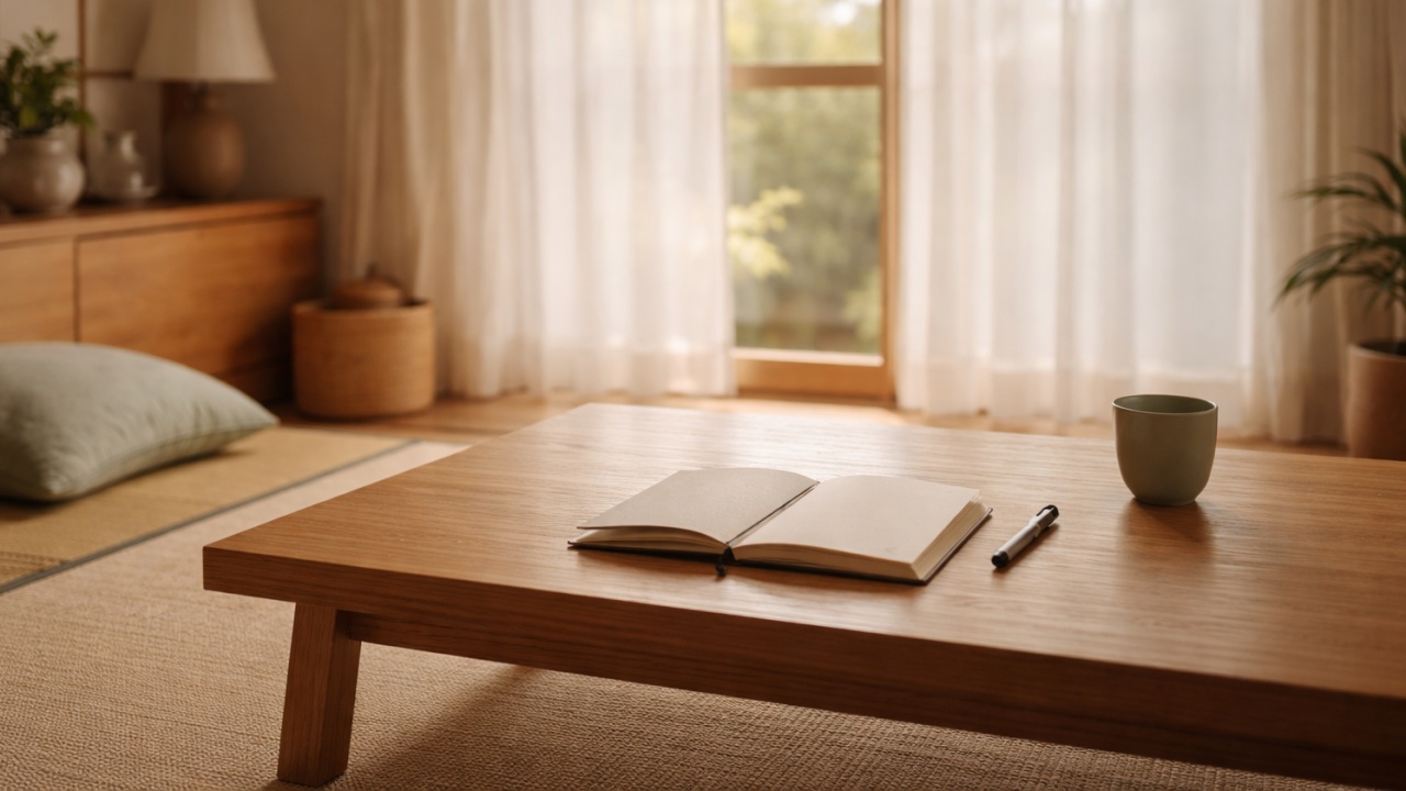 木のテーブルに置かれたノートとお茶、やわらかな光が差し込む室内の様子