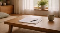 木製のローテーブルの上に書類とペンが置かれ、湯気の立つカップがそばにある落ち着いた室内風景。